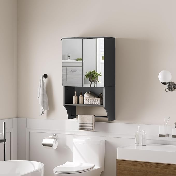 Bathroom Wall Cabinet with Mirror, Medicine Cabinet with 2 Door and Adjustable Shelf, Wall Mounted Over The Toilet Storage Cabinet with Towel Bar for Bathroom Laundry Room Kitchen, Black