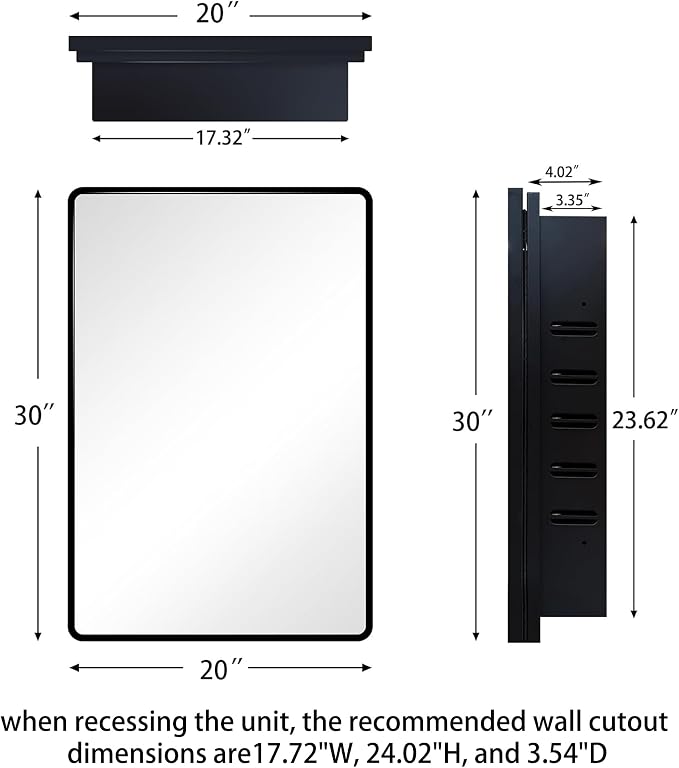 20x30 Medicine Cabinet with Mirror, Black Metal, Recessed or Surface Mount | 3 adjustable metal shelves, reversible piano-hinge door, 95% assembled; cutout 17.72"W x 24.02"H x 3.54"D