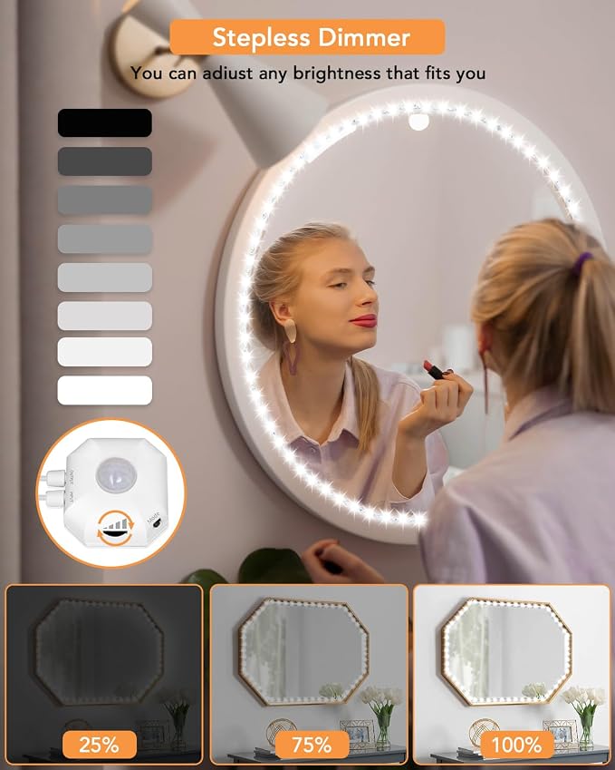 Daymeet Motion Sensor Led Vanity Mirror Lights, 13ft Motion Activated Led Lights for Mirror, Adjustable Color & Brightness Flexible Strip Lights for Mirror, for Makeup Vanity Table & Bathroom Mirror