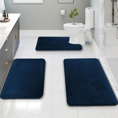 Clara Clark 3 Piece Bathroom Rugs Bath Mat Set, Velvet Memory Foam Bath Mats for Bathroom - Non-Slip, PVC Backing Bath Rugs, Washable - Dries Quickly, Blue