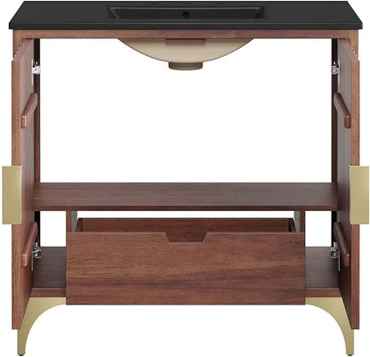 Modway Daylight Bathroom Vanity Cabinet with Ceramic Sink Basin, 36 Inch, Black Walnut