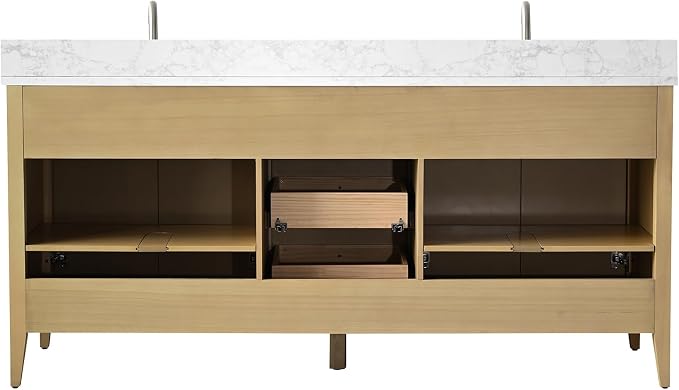 Vanity Art 72 inch Bathroom Vanity with Double Sink & Ceramic Top, Vanity Cabinet with Soft-Closing Door, Solid Wood Frame, Linear Pattern, Natural Oak, Golden Brushed Handware VA9172-DNO-GB