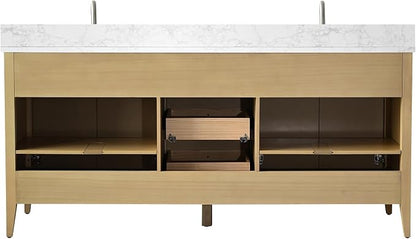 Vanity Art 72 inch Bathroom Vanity with Double Sink & Ceramic Top, Vanity Cabinet with Soft-Closing Door, Solid Wood Frame, Linear Pattern, Natural Oak, Golden Brushed Handware VA9172-DNO-GB