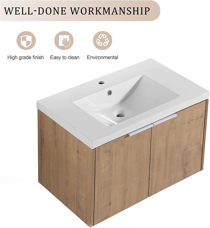 Wall Mount 30 Inch Bathroom Vanity W/Sink Combo for Small Space, Modern Design Vanity Cabinet Gel Basin Countertop, Float Mounting Design Cabinet Set with Soft Close Doors (Oak, 29.5''x18.3''x19.3'')
