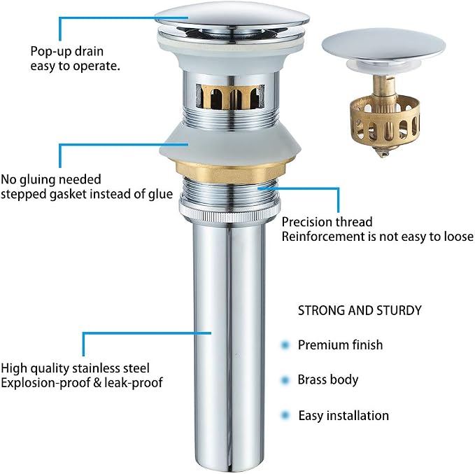 VOTON Bathroom Sink Drain Chrome Lavatory Pop-up Drain with Detachable Basket Stopper, Anti-Explosion and Anti-Clogging Drain Strainer，with Overflow Hole