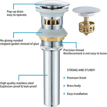 VOTON Bathroom Sink Drain Chrome Lavatory Pop-up Drain with Detachable Basket Stopper, Anti-Explosion and Anti-Clogging Drain Strainer，with Overflow Hole
