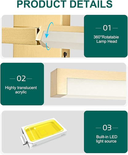 OKELI 24 Inch Bathroom Vanity Light Fixtures, Gold Modern Light Fixtures Over Mirror, 12W 5CCT Dimmable Wall Light