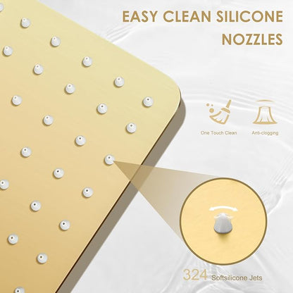 16 inch Brushed Gold Large Rain Shower Head Ceiling Mount - All Metal 304 Stainless Steel, Full Body Rainfall Shower with 324 Silicon Nozzles - Waterfall Bathroom Square Showerhead