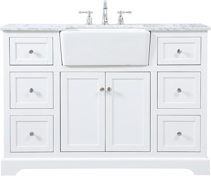 48" Pre-Assembled Bathroom Vanity with Sink, Solid Birch and MDF, Carrara White Marble Countertop Attached, Single Rectangle Porcelain Sink, 6 Soft-Close Drawers, White