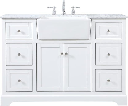48" Pre-Assembled Bathroom Vanity with Sink, Solid Birch and MDF, Carrara White Marble Countertop Attached, Single Rectangle Porcelain Sink, 6 Soft-Close Drawers, White