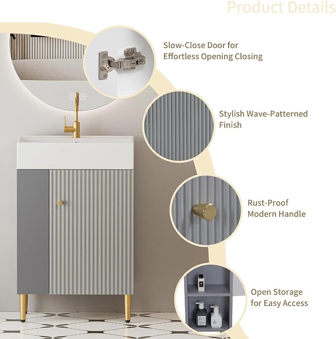 21.6" Freestanding Bathroom Vanity with Ceramic Sink, Matte Gray | Ceramic Sink, Wave-Pattern Door & Two-Layer Left Open Compartment, Bathroom Storage Cabinet, Easy Installation