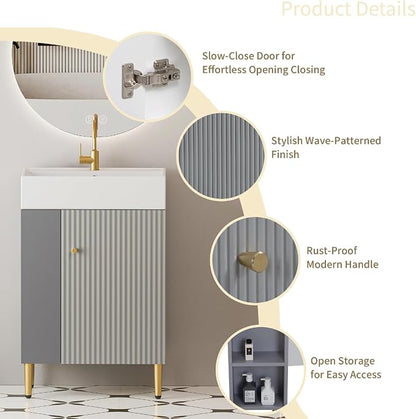 21.6" Freestanding Bathroom Vanity with Ceramic Sink, Matte Gray | Ceramic Sink, Wave-Pattern Door & Two-Layer Left Open Compartment, Bathroom Storage Cabinet, Easy Installation