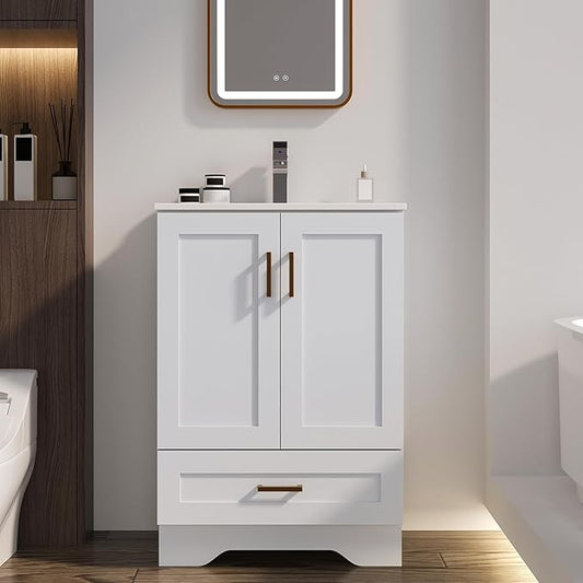 24 inch Bathroom Vanity with Sink, Modern White Vanity for Bathroom with Undermount Ceramic Sink, Freestanding 2-Door & 1-Drawer Storage Cabinet, for Small Bathroom Space, (White, 24")