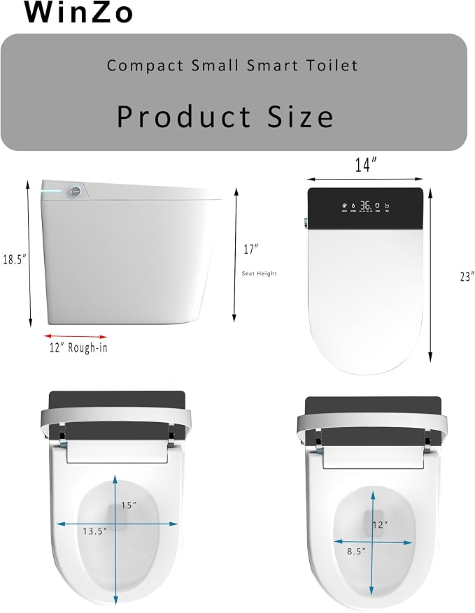 WinZo 23" Compact Smart Toilet with Bidet Seat Built-in For Small Bathroom, Auto Flush, LED Night Light,Heated Bidet with Warm Air Drying (White with Black Panel) (12 inches Rough-in Black)