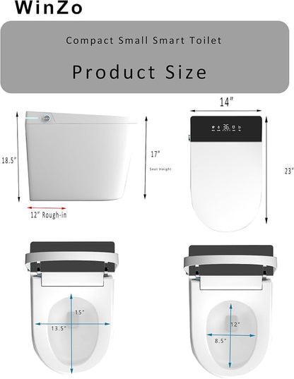 WinZo 23" Compact Smart Toilet with Bidet Seat Built-in For Small Bathroom, Auto Flush, LED Night Light,Heated Bidet with Warm Air Drying (White with Black Panel) (12 inches Rough-in Black)