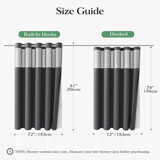 Charcoal Grey Hook Free Waffle Shower Curtain & Snap Liner,72x81 | Less Time to install, 3 in 1 Fabric Shower Curtain and Liner Set with Magnets, Long, Shower Curtains for Bathroom