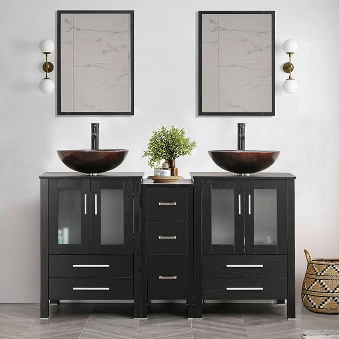 60" Black Bathroom Vanity,Double Vanity,Round Glass Vessel Basin Sink,ORB Faucet,Drain Parts,Bathroom Vanity Top Glass Sink Bowl Set,Vanity Pedestal Include,Mirror Not Included (A09 Vessel Set)