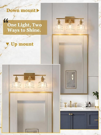 3-Light Vintage Bathroom Vanity Light, 19.4" Brass Hardwired Wall Sconce with Amber Tulip Glass Shades, Brushed Gold Vanity Light for Mirror, Restroom, Bedroom (Clear, 3-Light)