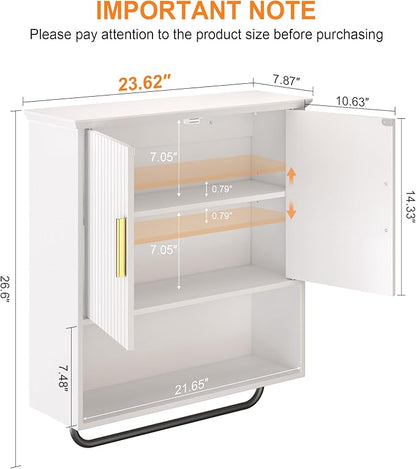 Bathroom Wall Cabinet with Towel Bar, 2 Doors & Adjustable Shelves - Space Saving Wood Wall Mounted Medicine Cabinet Storage Organizer for Bathroom, Laundry, Kitchen, Living Room (White)