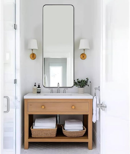 18" x 48" Full Length Wall Mirror, Large Polished Chrome Mirror for Bathroom, Rounded Corner Rectangle Body for Floor and Leaning