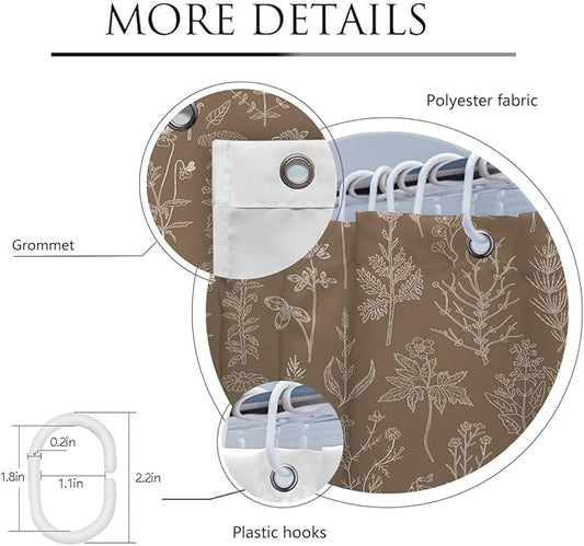 Coxila Brown Floral Shower Curtain Vintage Retro Flower Rustic Country Cute White Spring Wildflower Plant Botanical Cottagecore Leaf Mens Masculine Bathroom 60 x 72 Inch Polyester Fabric 12 Pack Hooks