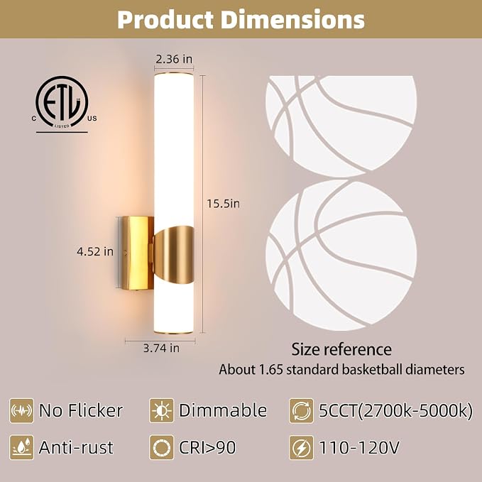 15" Gold Bathroom Vanity Lights, Wall Sconce, 2 Pack | Modern Wall Light for Bathroom Bedroom Living Room Hallway