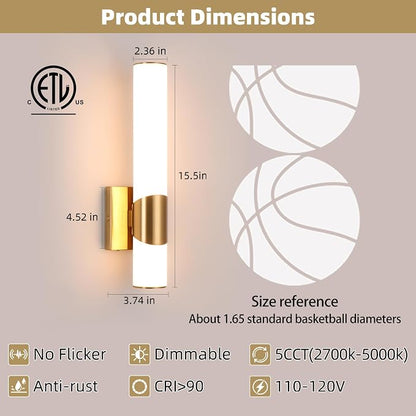 15" Gold Bathroom Vanity Lights, Wall Sconce, 2 Pack | Modern Wall Light for Bathroom Bedroom Living Room Hallway