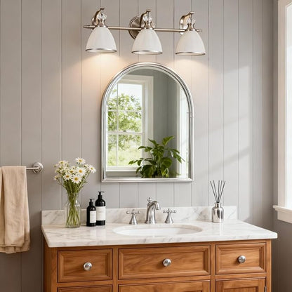 Bathroom Light Fixture, 3-Light Bathroom Vanity Light Brushed Nickel, Vintage Wall Sconce with Hand-Painted Frosted Lampshade, Wall Lamp in Silver Finish for Bedroom, Living Room, Restroom