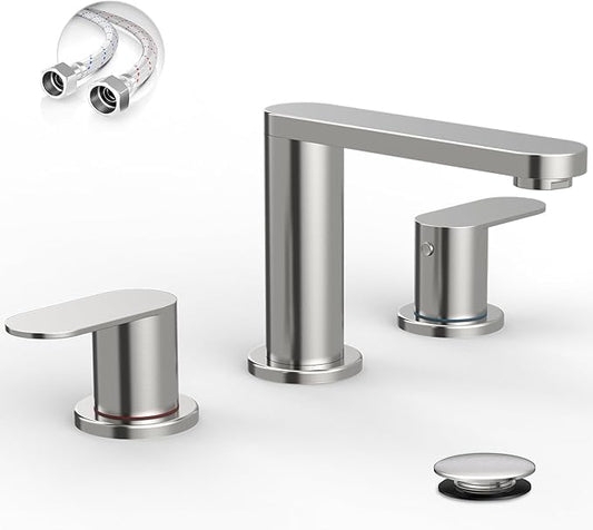 BWE Brushed Nickel Bathroom Faucet for Sink 3 Hole, Stainless Steel Widespread Bathroom Faucets with Pop-up Drain and Supply Lines, 360° Swivel Spout 2-Handle Bathroom Sink Faucet for Bath Vanity