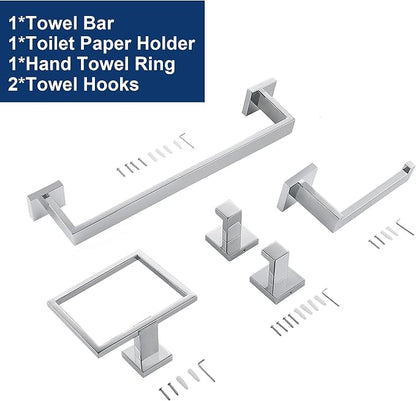 5 Pieces Bathroom Hardware Accessories Set Polished Chrome, 16Inch Bathroom Towel Rack Set SUS304 Stainless Steel, Square Bath Towel bar Set Heavy Duty, Wall Mounted
