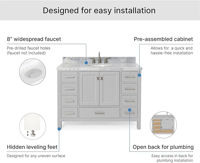 ARIEL Cambridge 48-inch Bathroom Vanity with Sink,Solid Wood, 1.5-inch Italian Carrara Marble Countertop & Backsplash, Single Oval Porcelain Sink, 2 Soft Closing Doors, 9 Dovetail Drawers, Grey