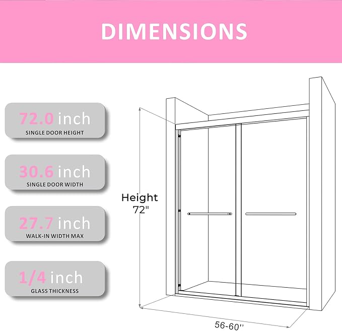 Shower Doors Glass Sliding 60 inches,56-60'' W x 72''H Matte Black Semi Frameless Bathroom Door,Double Sliding Shower Screen for Walk in with Clear SGCC/ANSI Tempered Glass Stainless Steel Handles