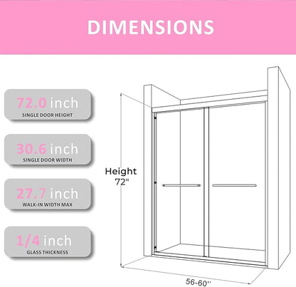 Shower Doors Glass Sliding 60 inches,56-60'' W x 72''H Matte Black Semi Frameless Bathroom Door,Double Sliding Shower Screen for Walk in with Clear SGCC/ANSI Tempered Glass Stainless Steel Handles