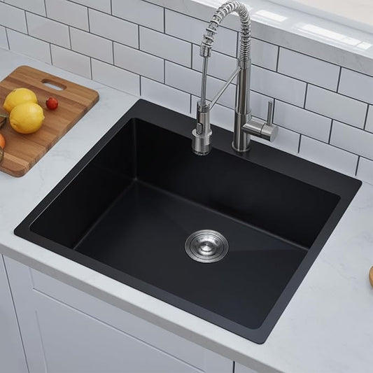 Black Drop In Bar Sink, 18 x 18 Inch Topmount RV 16 Gauge Gunmetal Black Stainless Steel Single Bowl Small Kitchen Sink, Handmade Modern Outdoor RV Wet Bar Perp Sinks with Drain