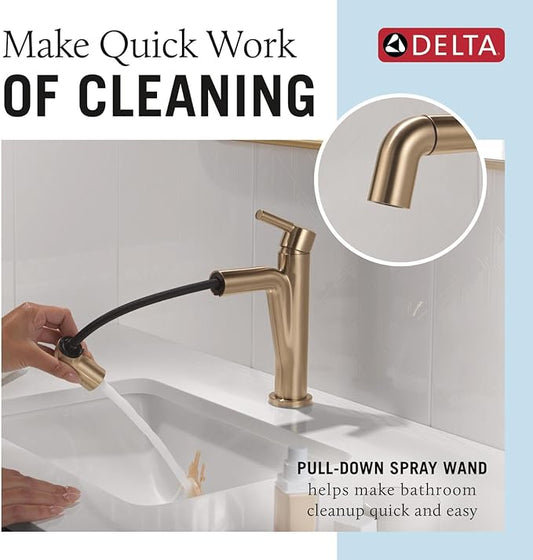 Delta Nicoli 1 Hole Brushed Gold Bathroom Faucet with Sprayer, Single Hole Bathroom Sink Faucet with Pull Out Sprayer for Vanity, Push-Pop Drain, Champagne Bronze 15849LF-CZPD