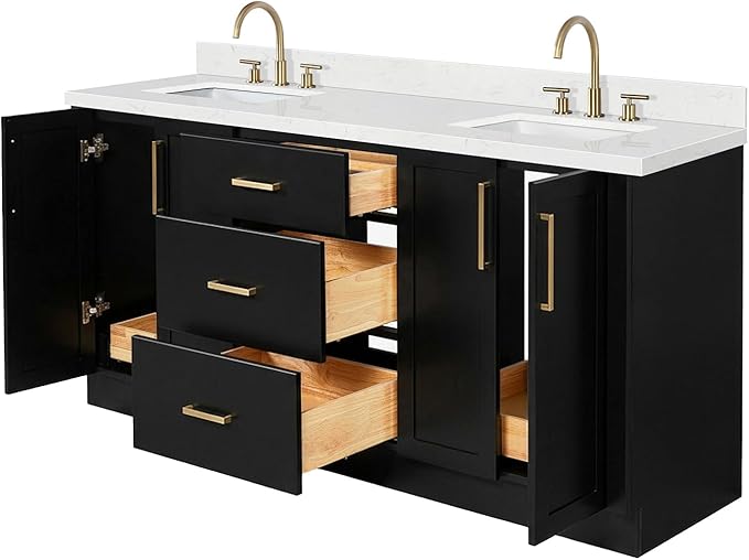 ARIEL Loren 72-inch Bathroom Vanity with Sink,Solid Wood, 1.5-inch Carrara White Quartz Countertop, Double Rectangular Porcelain Sink, 4 Soft Closing Doors, 3 Dovetail Drawers, Black