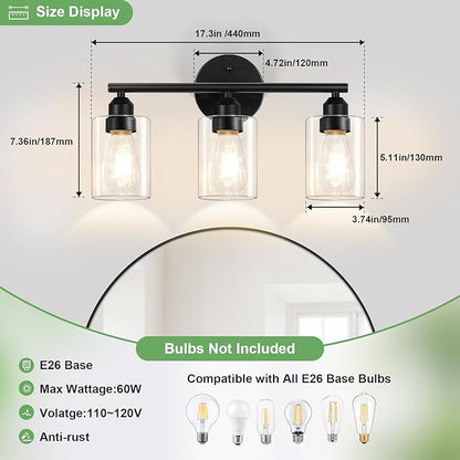 3-Light Bathroom Light Fixtures, 17.3" Black Modern Vanity Light for Bathroom Mirror, Glass Shade, Kitchen, Living Room, Bath, Metal