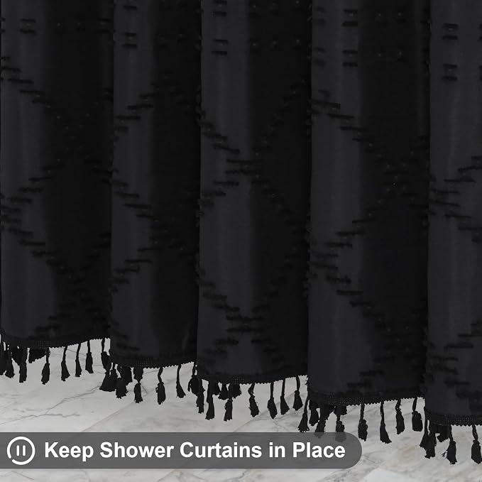 Black Boho Woven Fabric Shower Curtain with Tassel 72x84, Tufted Textured | Modern Farmhouse Curtain for Bathroom, Extra Long Bathroom Curtain, Minimalist Decor, Waterproof