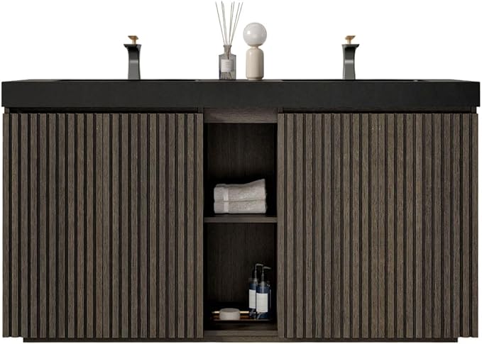 60" Double Bathroom Vanity with Sink Combo, Mid Century Modern Bathroom Cabinet with Doors & Shelves, Black Integrated Sink with Overflow, Smoked Oak