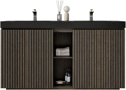 60" Double Bathroom Vanity with Sink Combo, Mid Century Modern Bathroom Cabinet with Doors & Shelves, Black Integrated Sink with Overflow, Smoked Oak