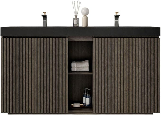 60" Double Bathroom Vanity with Sink Combo, Mid Century Modern Bathroom Cabinet with Doors & Shelves, Black Integrated Sink with Overflow, Smoked Oak