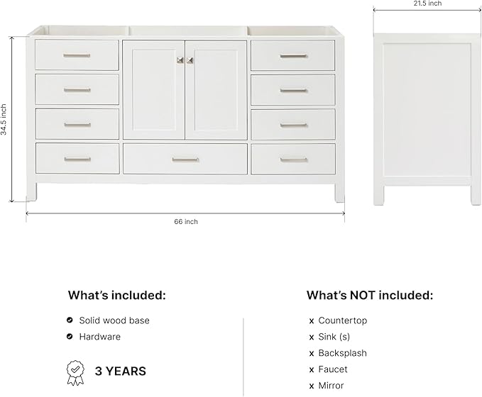 ARIEL Cambridge 66-inch Bathroom Vanity Base Cabinet,Solid Wood, 2 Soft Closing Doors, 9 Dovetail Drawers, White