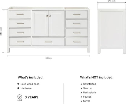 ARIEL Cambridge 66-inch Bathroom Vanity Base Cabinet,Solid Wood, 2 Soft Closing Doors, 9 Dovetail Drawers, White