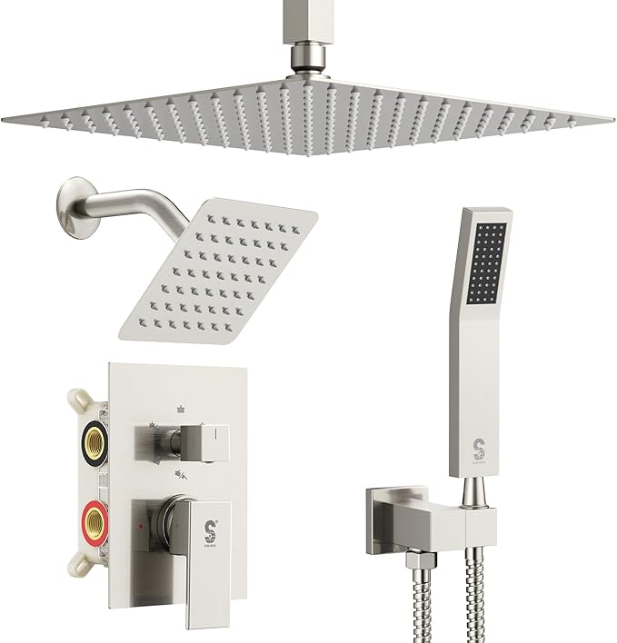 Shower Faucet Set Shower System - SR SUN RISE Brushed Nickel Shower Trim Kit with Dual Shower Head, 12'' Ceiling Rainfall 6'' Wall Mount with Handheld Shower for Couples, Complete 6 Diverter Valve