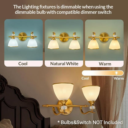 Gold Vanity Light, 2-Light Brushed Gold Bathroom Light Fixtures, Vintage Bathroom Light with Milky White Bell Glass Shades, Eye-Friendly Wall Sconce for Mirror, Kitchen, Bedroom, Hallway