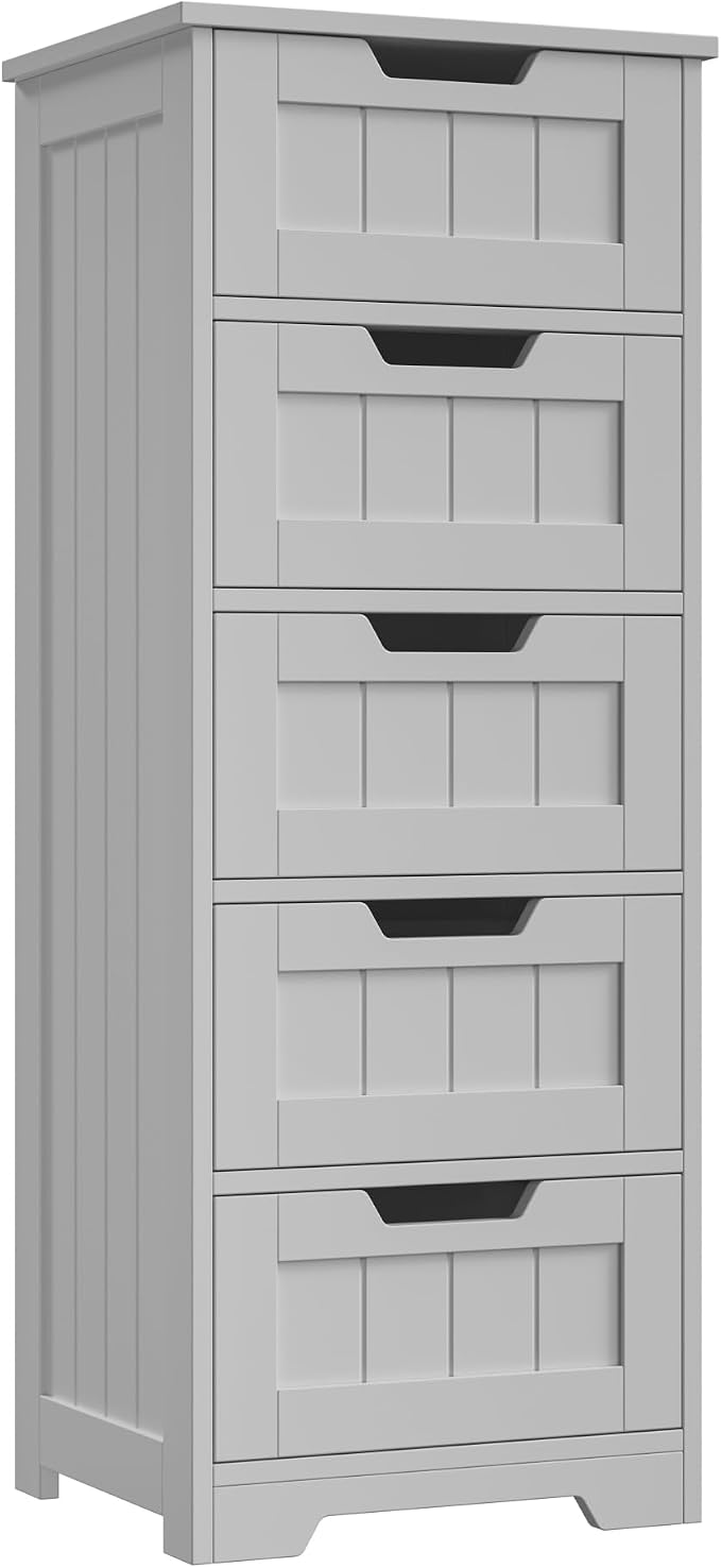 FOTOSOK Bathroom Cabinet, Bathroom Storage Cabinet with 5 Drawers, Grey | Narrow Bathroom Storage with Cut-Out Handles, 11.8” x 15.7” x 40.1”, Slim & Small Floor Cabinet for Laundry/Hallway