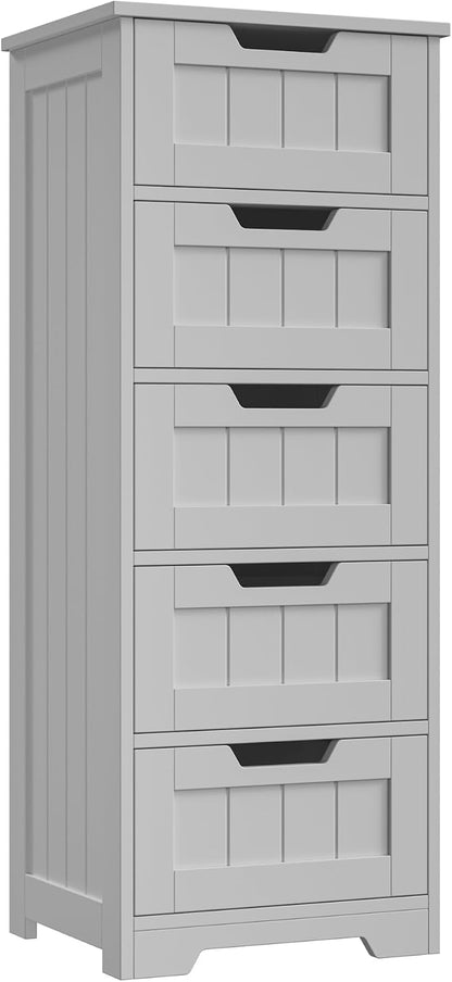 FOTOSOK Bathroom Cabinet, Bathroom Storage Cabinet with 5 Drawers, Grey | Narrow Bathroom Storage with Cut-Out Handles, 11.8” x 15.7” x 40.1”, Slim & Small Floor Cabinet for Laundry/Hallway