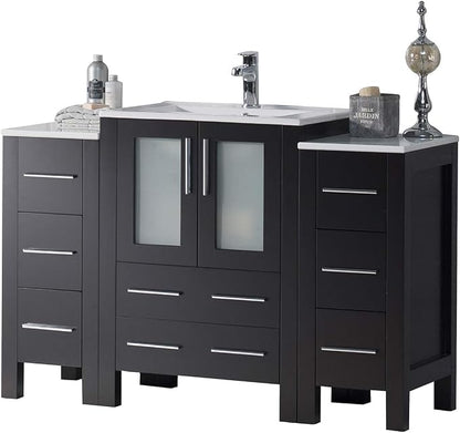 Blossom 48 in. Bathroom Vanity with Sink and Side Cabinet - Solid Wood Espresso Sink Vanity - 18-Inch Deep Narrow Footprint - Modern Tempered Glass Doors - High-End Master Bath Suite