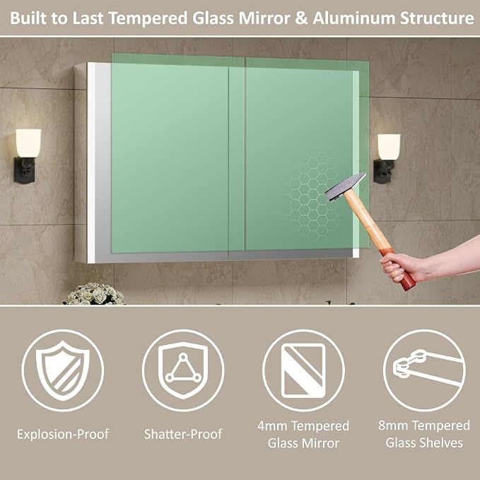 48 x 32 Inch Medicine Cabinet with Mirror and LED Light for Bathroom | Recessed, Wall-Mounted, Dimmable, Anti-Fog, Memory Function, 3 Color Mode, Outlet&USB, Adjustable Shelf, ETL Listed, Aluminum