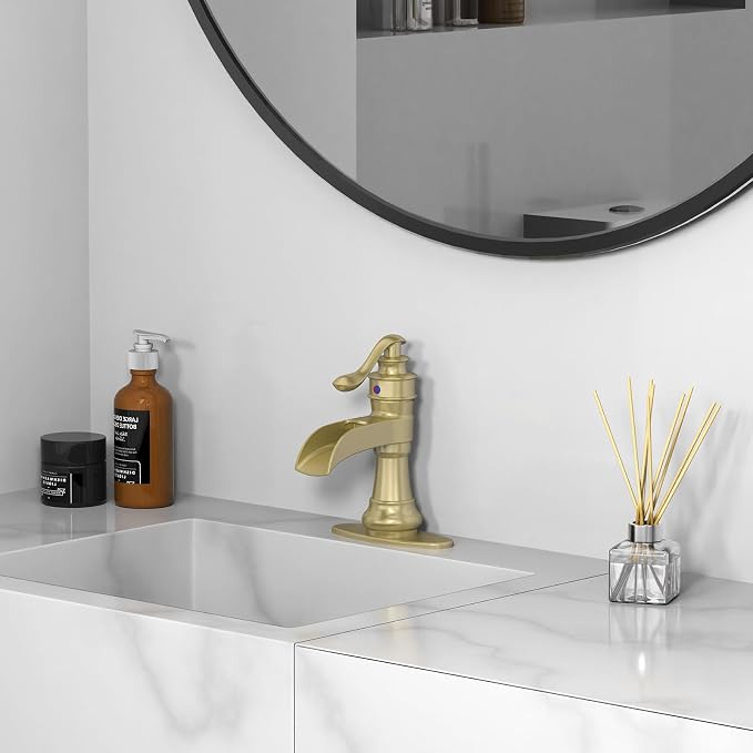 Bathroom Sink Faucet Waterfall Brushed Gold Single Handle | Pop Up Drain,Easy to Clean,Stable Installation,Suitable for bathrooms, balconies and laundry room,Elegant Minimalist Style